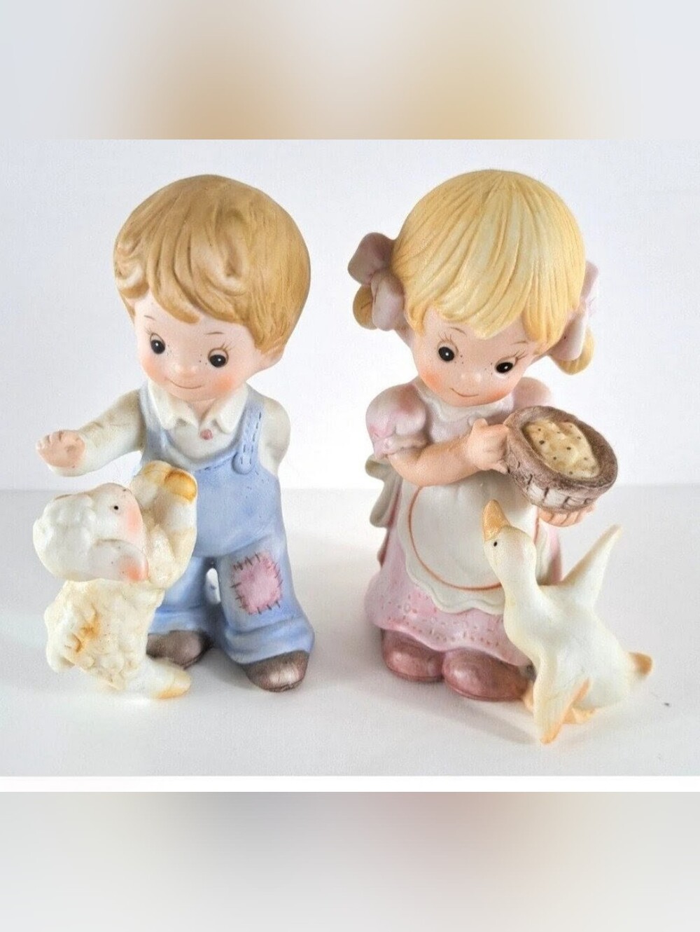 Homeco Porcelain Farm Boy And Girl Figurines Denim Jean Overalls Lamb Goose